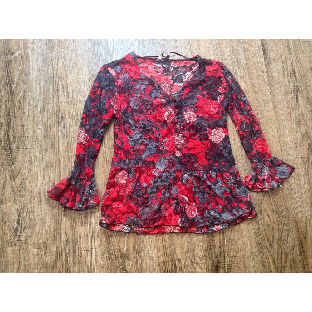 Klass Collection Red Black Floral Lace Peplum Top Bell Sleeve Blouse